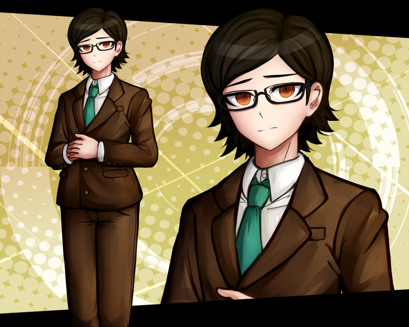 1boy blazer brown_hair brown_pants closed_mouth cowboy_shot dangan_ronpa dangan_ronpa_3 glasses green_necktie hands_together hino_asukasei jacket komatsuzaki_rui_(style) kurokku-tokei male_focus necktie orange_eyes pants school_uniform solo upper_body yellow_background zoom_layer