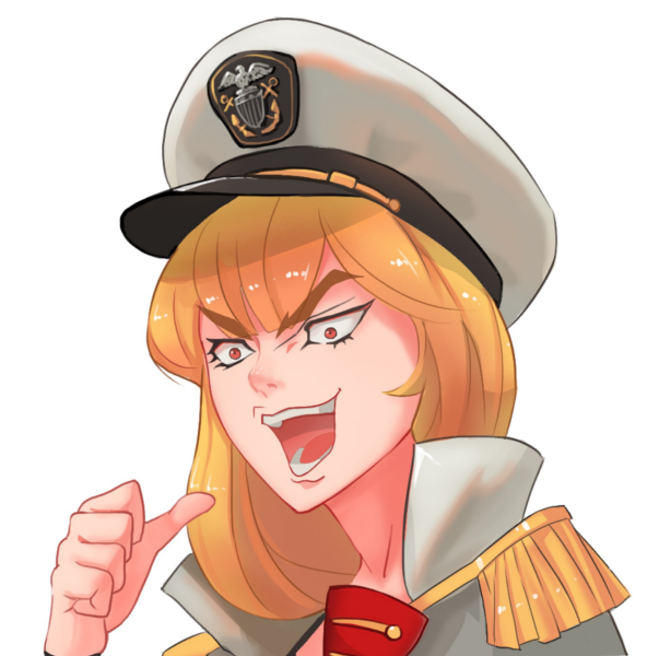 &gt;:d 1girl :d blonde_hair eyeshadow hat jojo_no_kimyou_na_bouken kantai_collection makeup meme open_mouth pacific parody peaked_cap pointing pointing_at_self red_eyes sima_naoteng smile teeth uss_dolphin_(ss-169)