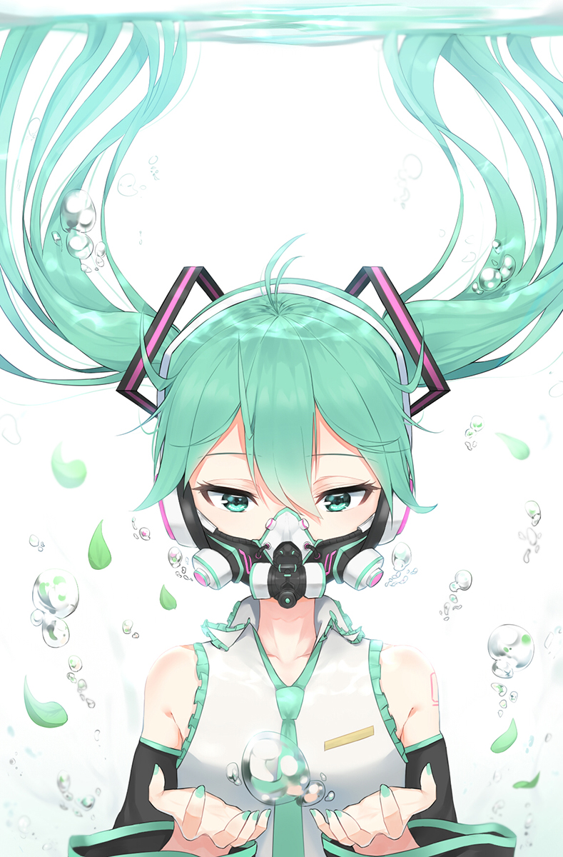 1girl air_bubble antenna_hair applepie_(12711019) aqua_eyes aqua_necktie bangs bare_shoulders collarbone collared_shirt detached_sleeves eyebrows_visible_through_hair floating_hair grey_shirt hair_between_eyes hatsune_miku headphones highres leaf long_hair looking_down mask nail_polish necktie outstretched_hand scuba_gear shirt sleeveless sleeveless_shirt solo tattoo tsurime twintails underwater upper_body vocaloid white_background