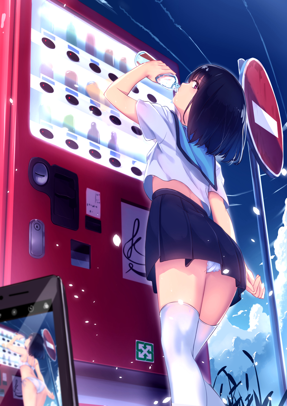 1girl arm_at_side ass black_hair blue_skirt bottle bra cellphone clouds commentary_request condensation_trail day drinking eyebrows_visible_through_hair from_behind highres looking_back original outdoors panties pantyshot pantyshot_(standing) phone pleated_skirt road_sign school_uniform serafuku shirt short_hair short_sleeves sign skirt smartphone solo standing thigh-highs underwear underwear_only vending_machine violet_eyes white_bra white_legwear white_panties white_shirt yan_(nicknikg)