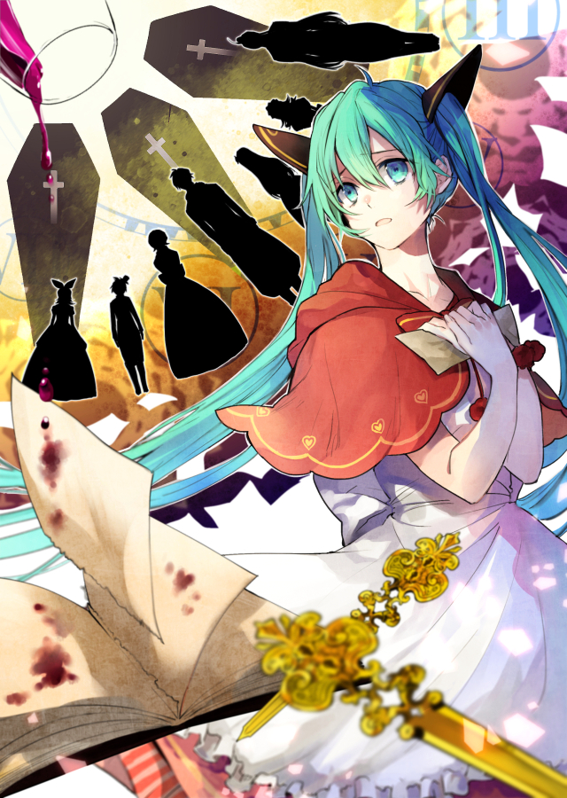 1girl alcohol bad_end_night_(vocaloid) black_ribbon blood blue_eyes blue_hair book capelet coffin dress eyebrows_visible_through_hair floating_hair glass green_hair hair_between_eyes hair_ribbon hatsune_miku holding letter long_hair multicolored_hair nozaki_tsubata open_book open_mouth ribbon solo twintails two-tone_hair very_long_hair vocaloid white_dress wine