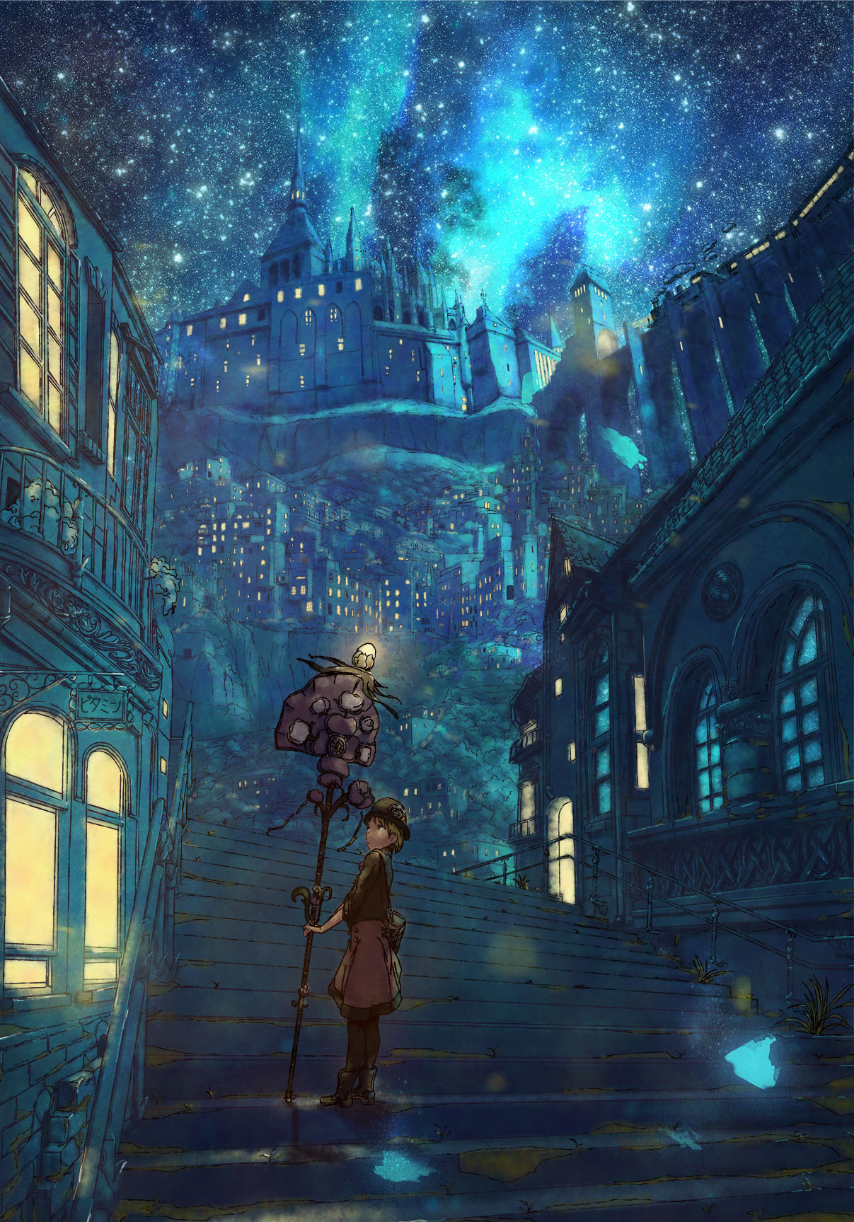 1girl boots bridge building city city_lights cityscape dark fantasy flower ground_vehicle hat hat_flower highres light_particles locomotive looking_up night night_sky original pantyhose railing scenery short_hair skirt sky smoke solo staff stairs star_(sky) starry_sky train usatarosu