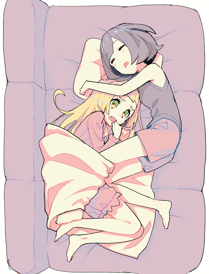 2girls barefoot black_hair blonde_hair blush closed_eyes couch drooling feet full_body green_eyes hug kurochiroko lillie_(pokemon) long_hair mizuki_(pokemon_sm) multiple_girls on_couch open_mouth pajamas pokemon pokemon_(game) pokemon_sm short_hair shorts simple_background sleeping tank_top white_background yuri