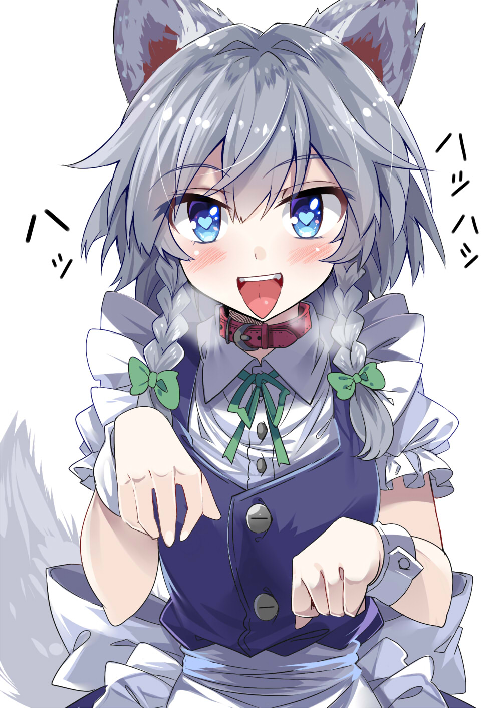 1girl animal_ears apron bangs blue_dress blue_eyes blush bow braid collar collared_shirt commentary dog_collar dog_ears dog_tail dress e.o. eyebrows_visible_through_hair eyes_visible_through_hair hair_between_eyes hair_bow heart heart-shaped_pupils heavy_breathing highres inu_sakuya izayoi_sakuya kemonomimi_mode looking_at_viewer maid maid_apron paw_pose reflective_eyes ribbon shirt short_sleeves silver_hair sleeveless sleeveless_dress solo symbol-shaped_pupils tail teeth tongue tongue_out touhou twin_braids upper_body waist_apron white_shirt wrist_cuffs