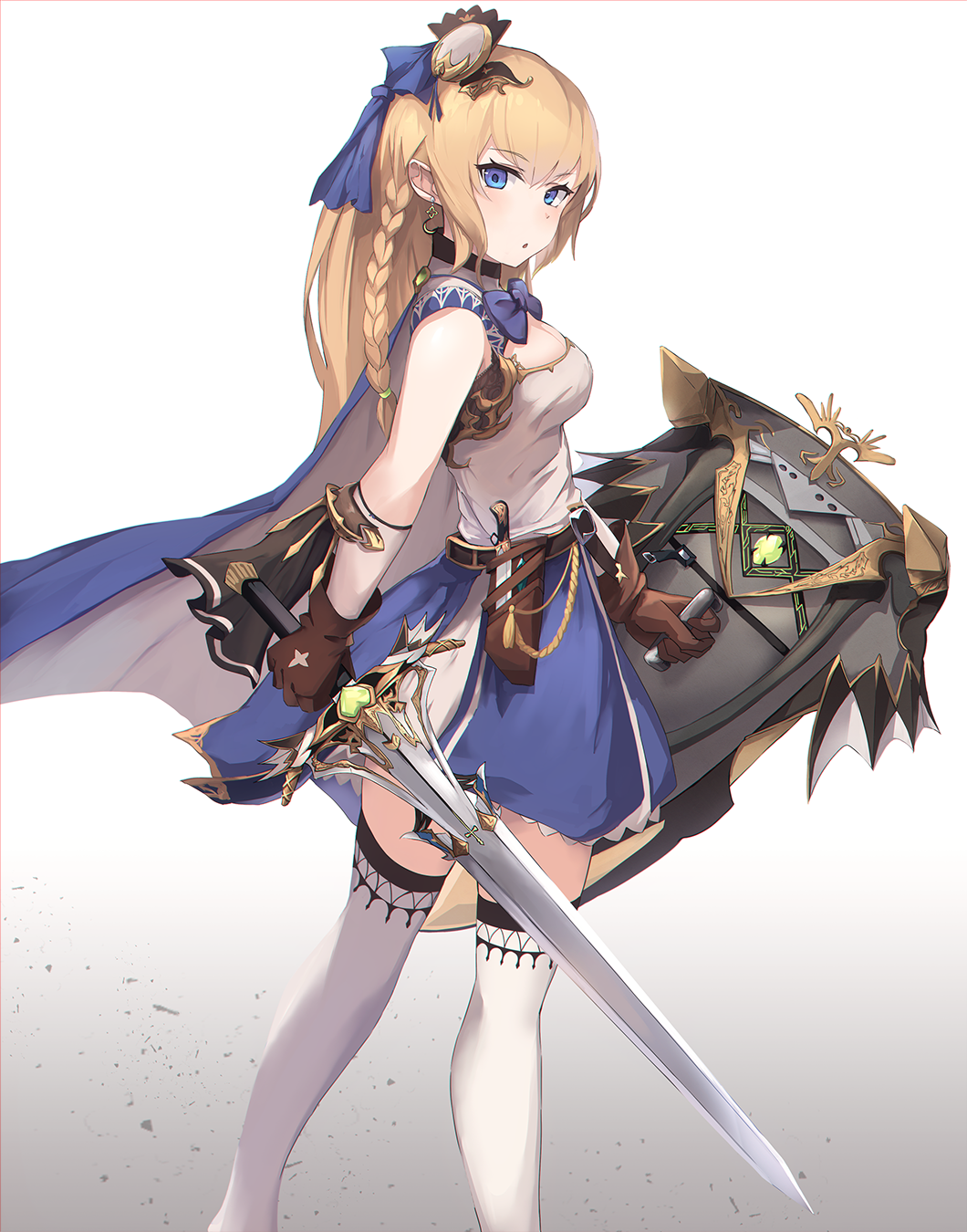 1girl :o bangs blue_skirt blush braid breasts brown_gloves capelet dagger earrings eruthika eyebrows_visible_through_hair fantasy from_side gloves hair_ornament highres holding holding_shield holding_sword holding_weapon jewelry long_hair looking_at_viewer medium_breasts original parted_lips shield side_braid sidelocks skirt solo standing sword thigh-highs weapon white_legwear