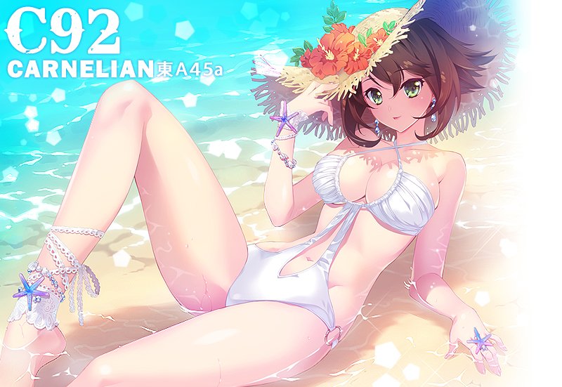 10s 1girl ankle_garter brown_hair carnelian criss-cross_halter day earrings flower green_eyes halterneck hat hat_flower jewelry kantai_collection leg_up light_smile lying mutsu_(kantai_collection) navel navel_cutout o-ring_swimsuit one-piece_swimsuit outdoors partially_submerged short_hair solo sparkle straw_hat sun_hat swimsuit white_swimsuit