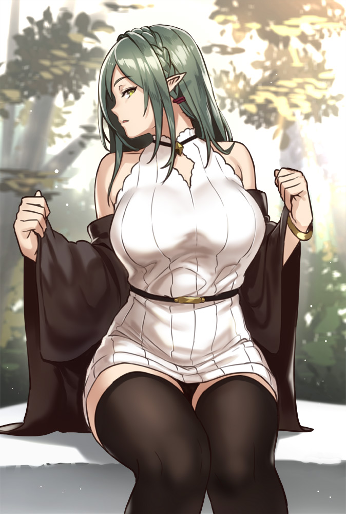 1girl bare_shoulders black_legwear bracelet braid breasts dress french_braid green_hair hair_ornament houtengeki jewelry large_breasts original outdoors pointy_ears profile ribbed_dress shawl short_dress sitting solo thigh-highs turtleneck white_dress yellow_eyes