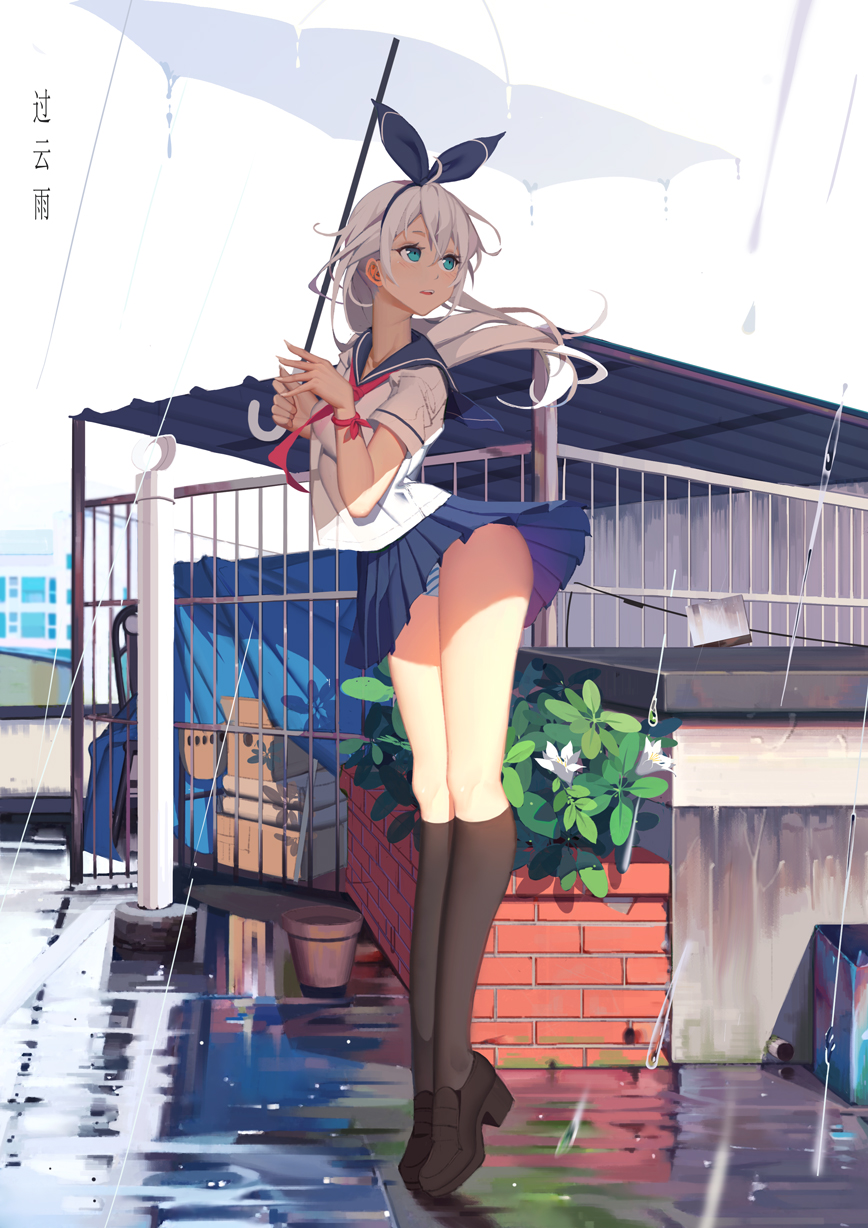 1girl arched_back ass black_legwear blue_eyes blush breasts highres kneehighs loafers long_hair medium_breasts original panties parted_lips pleated_skirt rain school_uniform serafuku shoes skirt solo soulkiller standing striped striped_panties teeth tiptoes umbrella underwear white_hair wind wind_lift