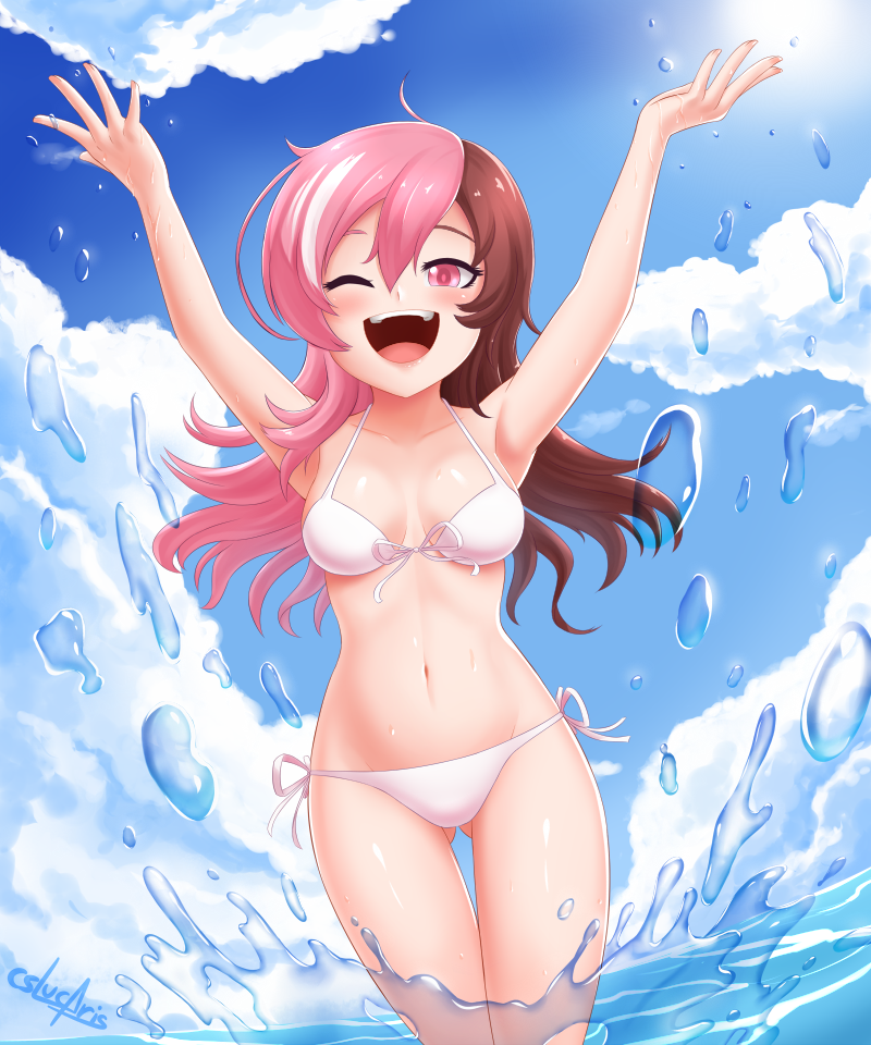 1girl ;d arms_up artist_name beach bikini blue_sky blush breasts brown_hair clouds cloudy_sky collarbone cslucaris day gluteal_fold groin happy long_hair medium_breasts multicolored_hair navel neo_(rwby) ocean one_eye_closed open_mouth panties partially_submerged pink_eyes pink_hair rwby side-tie_bikini side-tie_panties sky smile solo splashing swimsuit two-tone_hair underwear water white_bikini