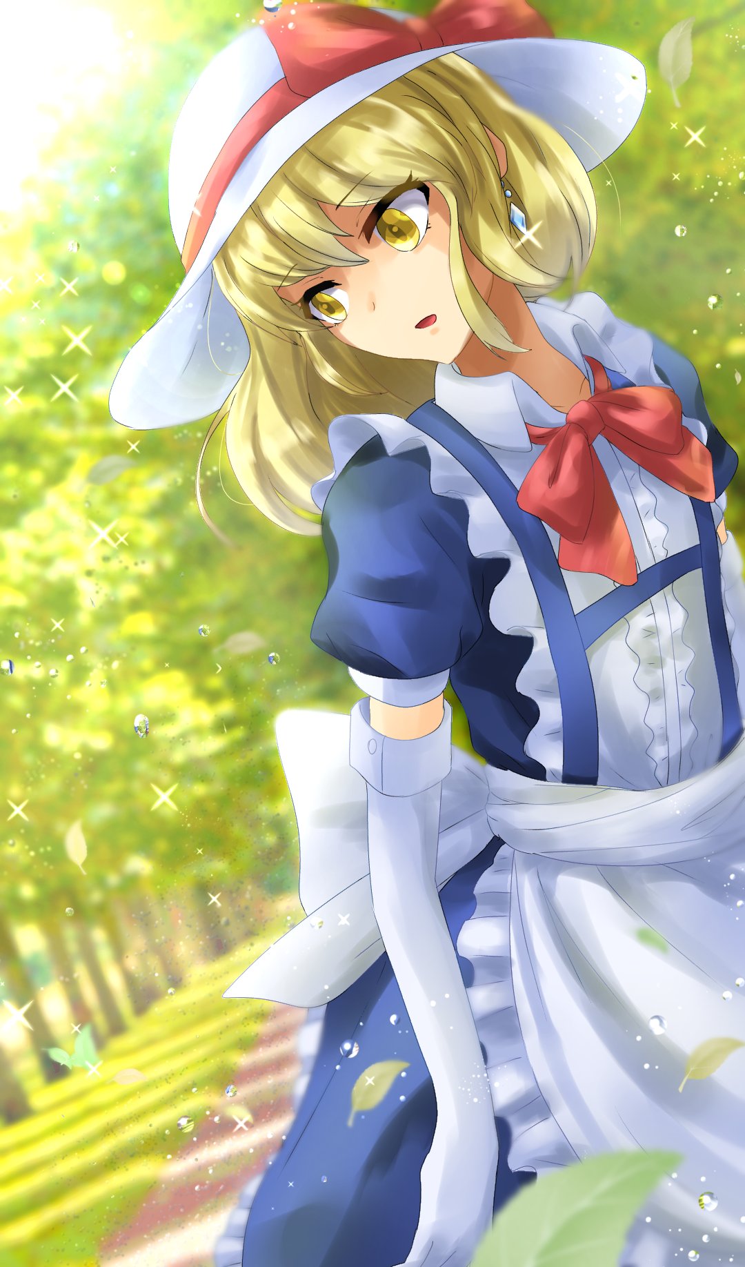 1girl apron ascot back_bow bangs blonde_hair blue_dress bow dress dutch_angle elbow_gloves eyebrows_visible_through_hair frilled_ascot frills gloves hat hat_bow highres kana_anaberal kei63851953 medium_hair open_mouth puffy_short_sleeves puffy_sleeves red_bow red_neckwear red_ribbon ribbon short_sleeves sun_hat touhou touhou_(pc-98) white_apron white_bow white_gloves white_headwear yellow_eyes