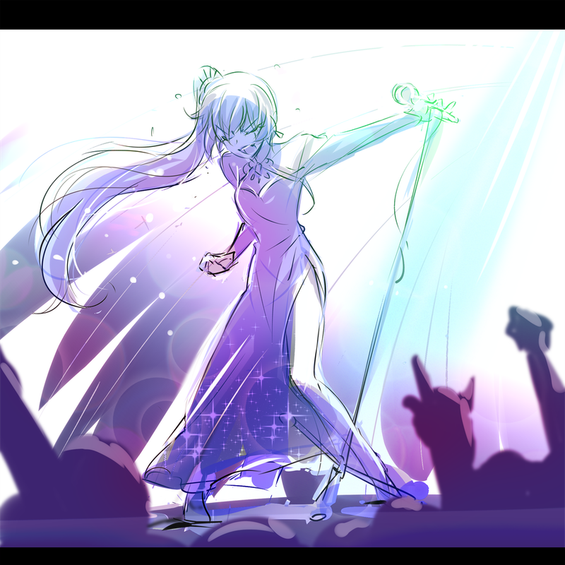 1girl blue_dress closed_eyes concert crowd dress eye_scar fist_pump hand_gesture iesupa microphone microphone_stand music ponytail real_life rwby seiyuu_connection singing weiss_schnee white_hair