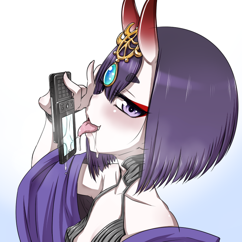 1girl cellphone fate/grand_order fate_(series) gradient gradient_background hair_ornament hanya_(hanya_yashiki) holding holding_cellphone holding_phone horns licking looking_at_viewer oni oni_horns phone purple_hair saliva short_hair shuten_douji_(fate/grand_order) solo tongue violet_eyes