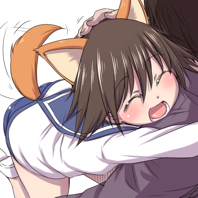 1girl ^_^ animal_ears brown_hair closed_eyes dog_ears dog_tail hand_on_another's_head hanya_(hanya_yashiki) hug miyafuji_yoshika open_mouth school_swimsuit school_uniform serafuku short_hair solo_focus strike_witches swimsuit swimsuit_under_clothes tail tail_wagging world_witches_series