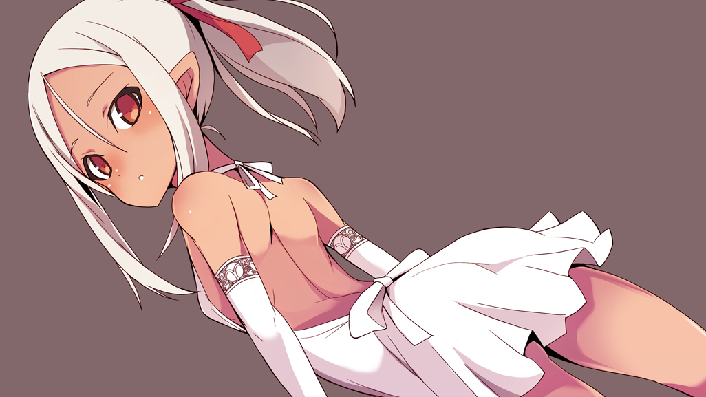 ass back bare_shoulders blush breasts dark_skin elbow_gloves gloves grey_background looking_at_viewer maze_(gochama_ze_gohan) original pointy_ears ponytail red_eyes simple_background small_breasts white_gloves white_hair