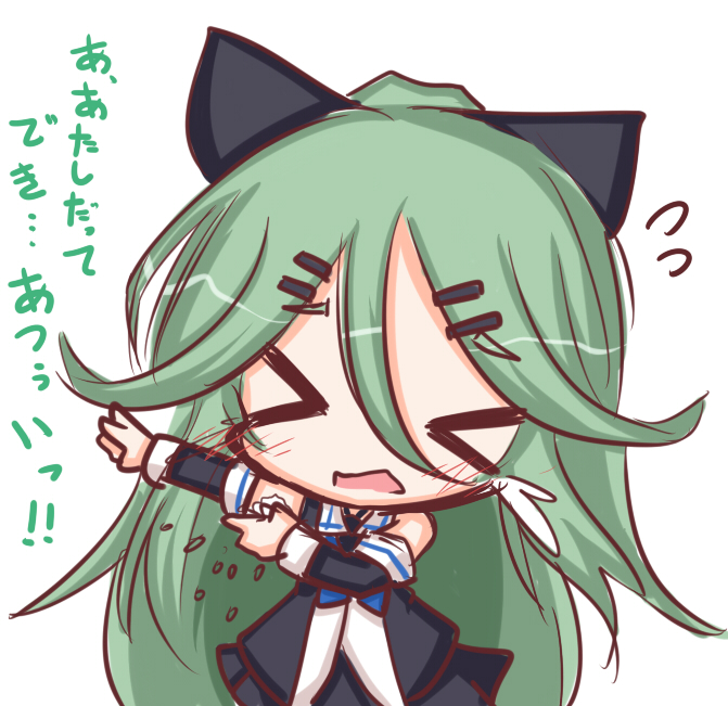 &gt;_&lt; 10s 1girl bare_shoulders chibi closed_eyes detached_sleeves green_hair hair_ornament hair_ribbon hairclip kantai_collection lilywhite_lilyblack long_hair open_mouth ribbon rice skirt solo tears translation_request yamakaze_(kantai_collection)