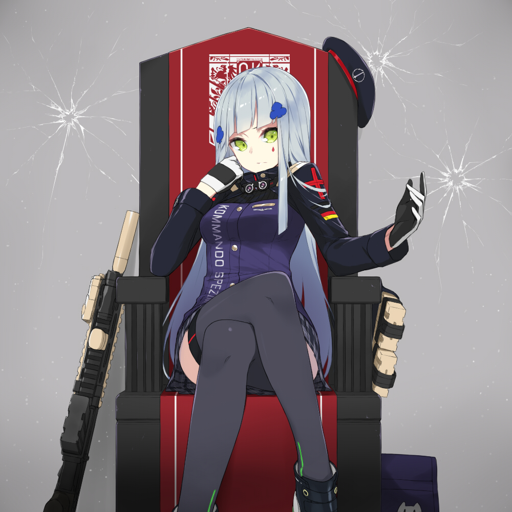 1girl ankle_boots assault_rifle bag bangs black_boots black_hat blue_hair blunt_bangs boots breasts closed_mouth clothes_writing commentary crack cross expressionless facepaint fhang german_flag girls_frontline green_eyes grey_skirt gun hand_on_own_cheek hat hat_removed headwear_removed heckler_&amp;_koch hk416 hk416_(girls_frontline) legs_crossed long_hair long_sleeves looking_at_viewer medium_breasts miniskirt plaid plaid_skirt rifle sitting skirt solo thigh-highs throne uniform very_long_hair weapon zettai_ryouiki