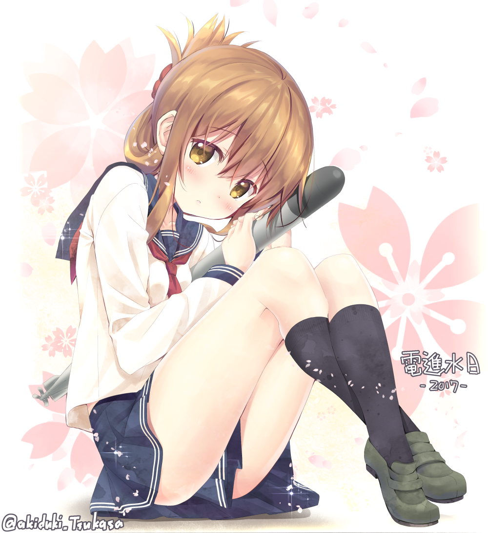 10s 1girl 2017 akitsuki_tsukasa black_legwear blue_skirt blush brown_eyes brown_hair crossed_ankles eyebrows_visible_through_hair floral_print folded_ponytail full_body green_shoes holding inazuma_(kantai_collection) kantai_collection kneehighs long_sleeves miniskirt neckerchief parted_lips pleated_skirt red_neckerchief sailor_collar school_uniform serafuku shiny shiny_hair shirt shoes short_hair skirt socks solo sparkle tareme torpedo twitter_username white_shirt