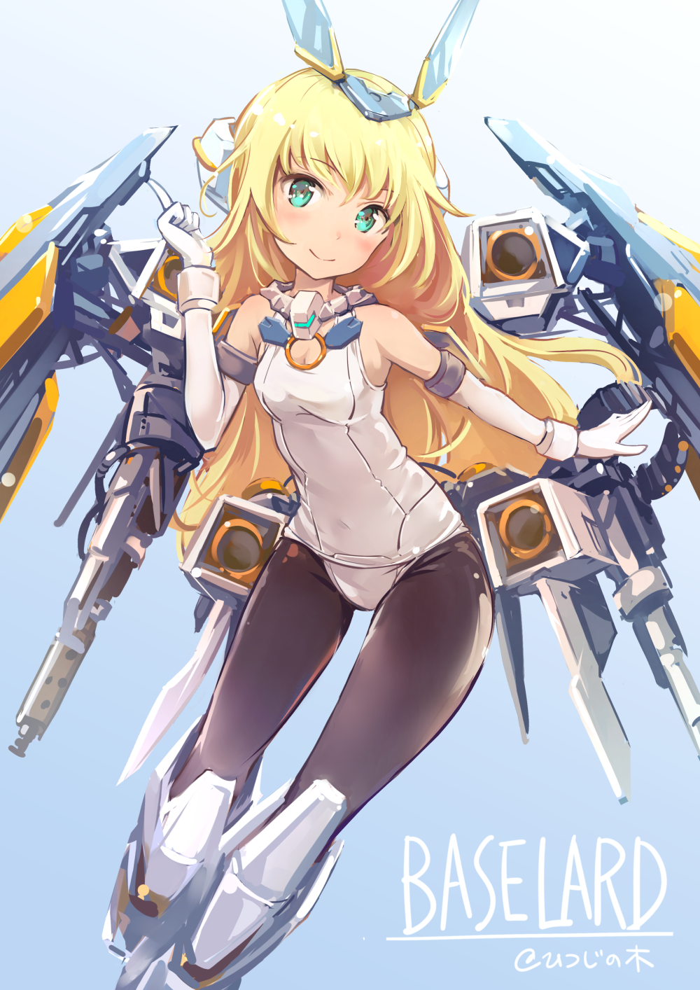 1girl artist_name bangs baselard black_legwear blonde_hair blue_background blush breasts character_name closed_mouth detached_sleeves elbow_gloves eyebrows_visible_through_hair frame_arms_girl gloves gradient gradient_background green_eyes headgear highres long_hair looking_at_viewer mecha_musume medium_breasts mousoup pantyhose signature smile solo very_long_hair white_gloves