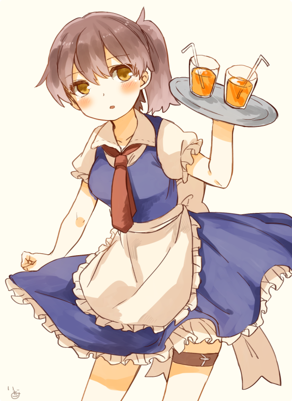 10s 1girl alternate_costume arm_up artist_name blush bow brown_eyes brown_hair clenched_hand collared_shirt cowboy_shot cup drinking_glass drinking_straw eyebrows_visible_through_hair frilled_skirt frilled_sleeves frills ina_(1813576) kaga_(kantai_collection) kantai_collection long_hair maid necktie shirt side_ponytail simple_background skirt solo tray uniform white_bow
