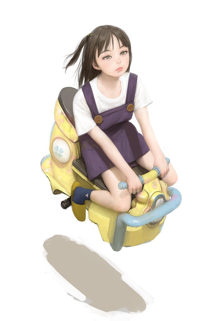 1girl black_hair blank_stare blue_legwear closed_mouth clover eyelashes floating_object four-leaf_clover green_eyes looking_afar mujiha original pink_lips sandals shadow shirt short_sleeves simple_background sitting socks solo white_background white_shirt