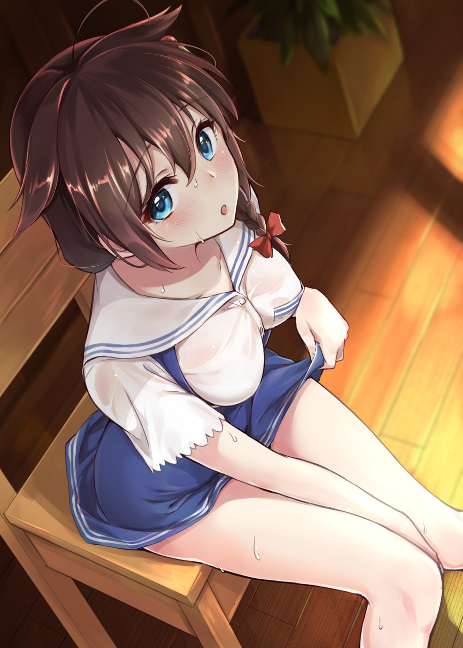 10s 1girl ahoge blue_eyes blush bow braid breasts brown_hair casual eyebrows_visible_through_hair from_above hair_between_eyes hair_bow hair_ornament hair_over_shoulder highres indoors kantai_collection knees_together_feet_apart looking_at_viewer looking_up medium_breasts open_mouth sailor_collar shigure_(kantai_collection) shirt short_sleeves single_braid sitting skirt skirt_lift solo sweat umakuchi_shouyu_(into-rain) wet wet_clothes wet_shirt