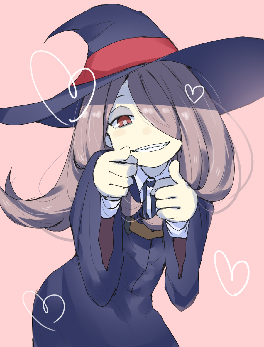 1girl gedou_(ge_ge_gedou) hair_over_one_eye little_witch_academia long_hair looking_at_viewer pink_hair pointing pointing_at_viewer red_eyes smile solo sucy_manbavaran witch