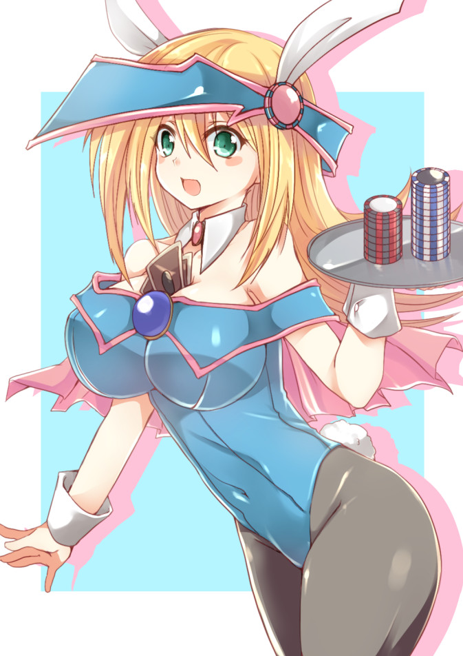 1girl animal_ears bare_shoulders between_breasts blonde_hair blush blush_stickers breasts bunny_tail card card_between_breasts choker cleavage dark_magician_girl detached_collar duel_monster green_eyes hat jyon104 large_breasts long_hair open_mouth pantyhose pentacle poker_chip rabbit_ears smile solo tail tray wizard_hat yu-gi-oh! yuu-gi-ou_duel_monsters