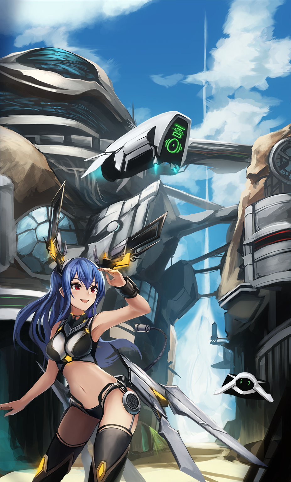 1girl arm_up armpits bangs black_legwear blue_hair blue_sky breasts cable clouds cloudy_sky day eruthika hair_between_eyes headgear highres legs_apart long_hair looking_to_the_side medium_breasts navel open_mouth original outdoors red_eyes revealing_clothes science_fiction sky smile solo standing thigh-highs thighs