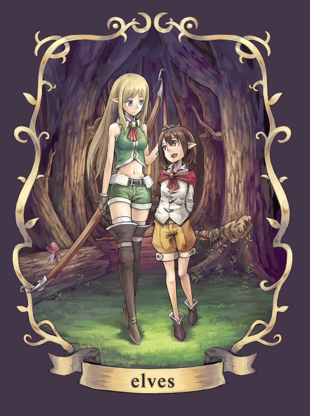 2girls age_difference arms_behind_back blonde_hair blue_eyes boots bow_(weapon) brown_hair child elf english forest gloves grass hand_on_another's_head highres kurio long_hair looking_at_another midriff multiple_girls mushroom nature navel original pointy_ears shirt short_hair shorts sleeveless sleeveless_shirt staff thigh-highs thigh_boots tree weapon yellow_eyes