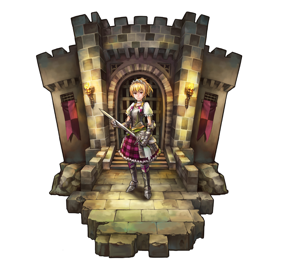 1girl armor banner blonde_hair brick_floor brick_wall choker circlet diorama frilled_skirt frills gauntlets greaves holding holding_sword holding_weapon kurio original pink_eyes plaid plaid_skirt ponytail puffy_short_sleeves puffy_sleeves short_sleeves skirt solo standing sword torch weapon white_background