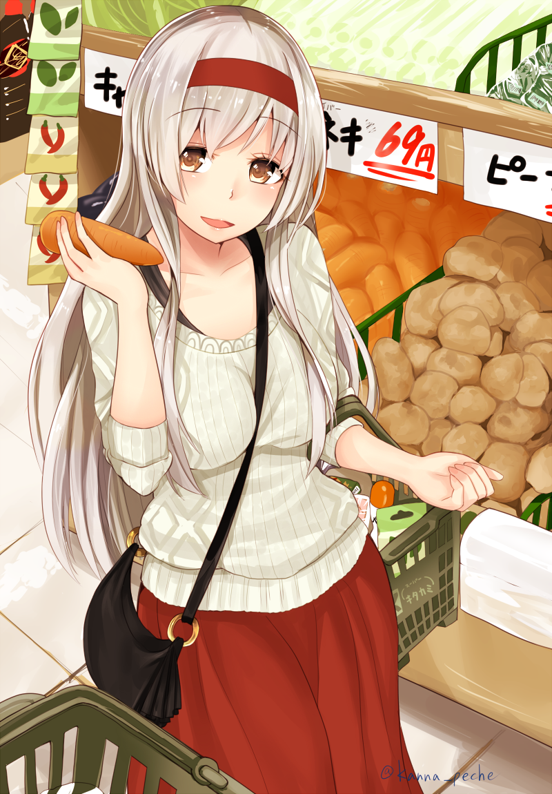 10s 1girl :d alternate_costume bag carrot eyebrows_visible_through_hair headband kanna_(horntp) kantai_collection long_hair market open_mouth potato red_skirt short_sleeves shoukaku_(kantai_collection) skirt smile solo sweater white_hair white_sweater yellow_eyes