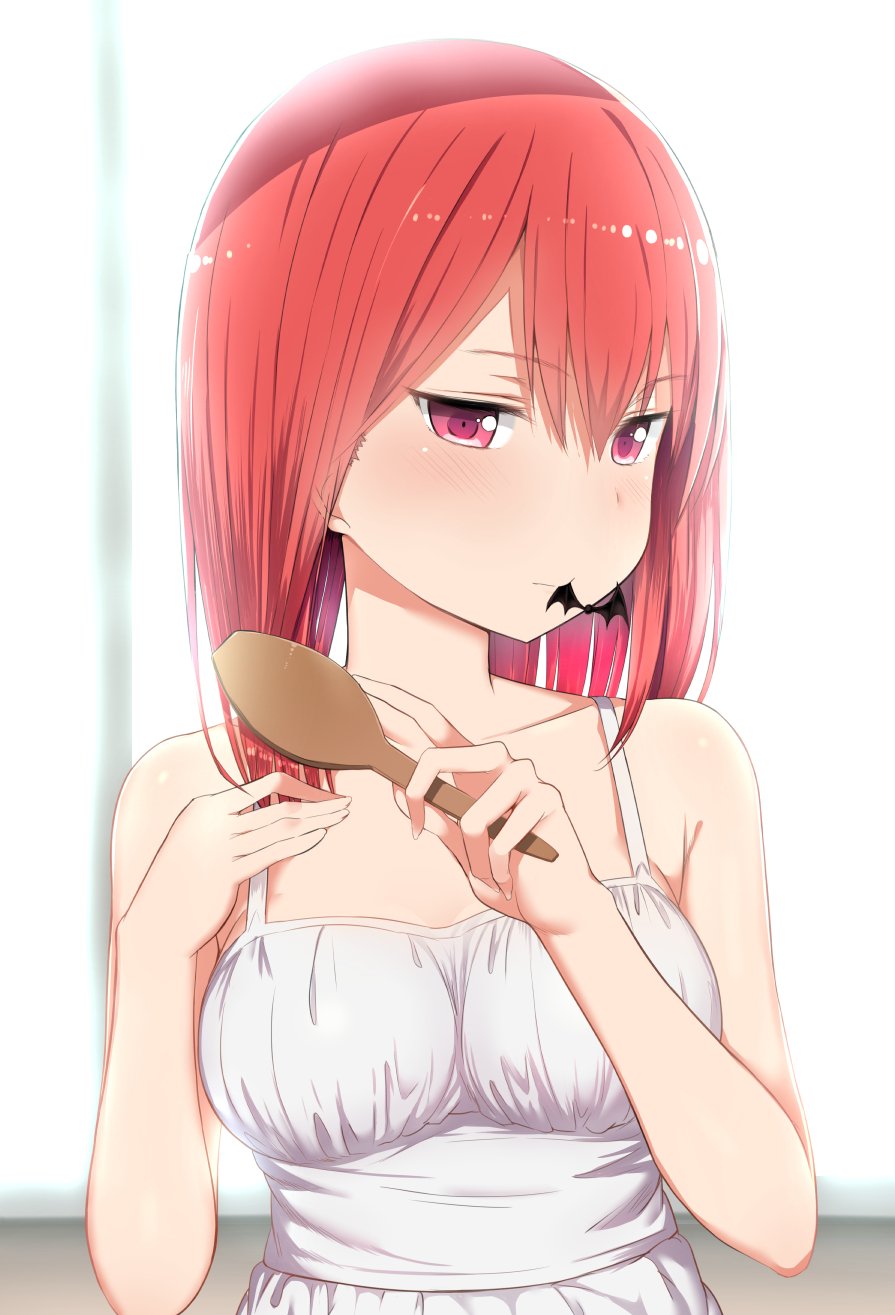 1girl 5240mosu bare_arms bare_shoulders bat_hair_ornament blush breasts collarbone commentary dress eyebrows_visible_through_hair gabriel_dropout hair_between_eyes hair_brush hair_brushing hair_down hair_ornament hair_ornament_removed hands_up highres holding holding_brush holding_hair kurumizawa_satanichia_mcdowell long_hair looking_at_viewer medium_breasts mouth_hold redhead solo sundress upper_body violet_eyes white_dress