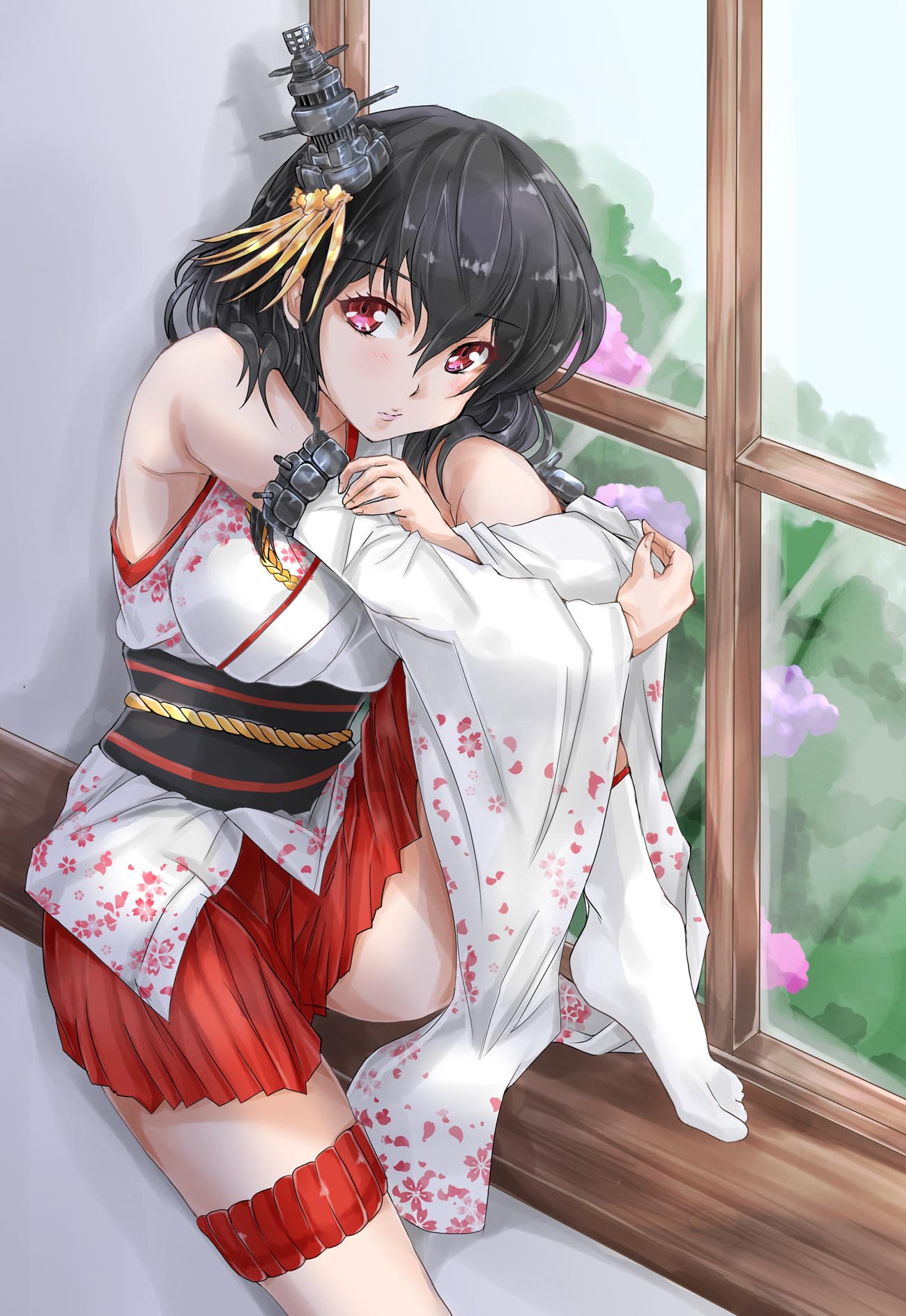 10s 1girl bare_shoulders black_hair blush breasts detached_sleeves floral_print hair_ornament highres kantai_collection light_blush looking_at_viewer medium_breasts nontraditional_miko red_eyes remodel_(kantai_collection) short_hair sitting sitting_in_window solo tabi thigh_strap tororo_ten wide_sleeves window yamashiro_(kantai_collection)