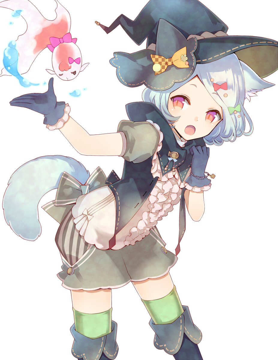 1girl animal_ears boots bow bracelet cat_ears cat_tail fang fish frilled_shirt frills gloves goldfish hair_bow hat highres jewelry knee_boots kuroyuki leaning_forward magic open_mouth original pink_eyes puffy_short_sleeves puffy_shorts puffy_sleeves purple_hair shirt short_hair short_sleeves shorts simple_background smile tail thigh-highs white_background witch_hat