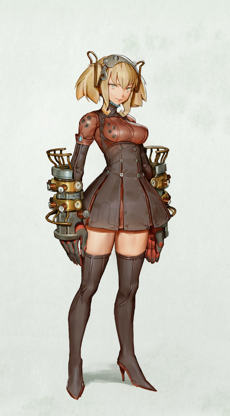 1girl arms_at_sides bangs black_boots blonde_hair blue_eyes boots breasts buttons closed_mouth commentary dress full_body gauntlets gloves hair_between_eyes headwear high_heel_boots high_heels highres legs_apart long_sleeves looking_at_viewer medium_breasts original short_dress short_hair sidelocks skin_tight solo standing thigh-highs thigh_boots tim_loechner turtleneck turtleneck_dress zettai_ryouiki