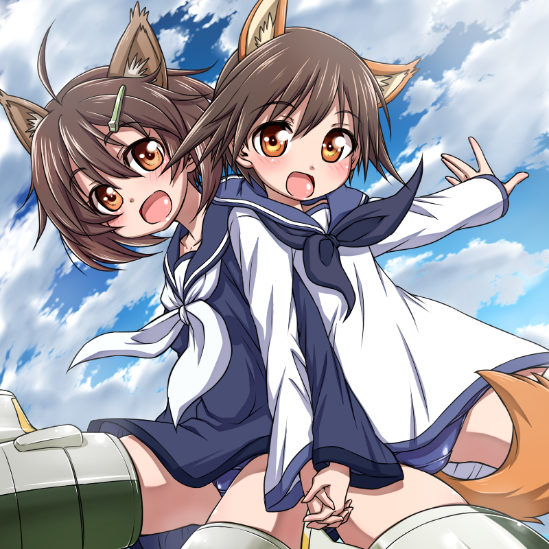 2girls ahoge animal_ears brave_witches brown_eyes brown_hair clouds dog_ears dog_tail hair_ornament hairclip hand_holding hanya_(hanya_yashiki) karibuchi_hikari long_sleeves looking_at_viewer miyafuji_yoshika multiple_girls open_mouth school_swimsuit school_uniform serafuku short_hair sky squirrel_ears strike_witches striker_unit swimsuit swimsuit_under_clothes tail world_witches_series