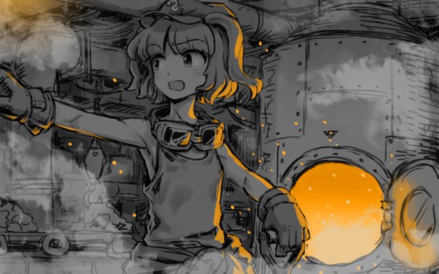 1girl backlighting clothes_around_waist embers engine eyebrows_visible_through_hair fire furnace gloves goggles goggles_around_neck hat kawashiro_nitori limited_palette looking_away machinery meitei open_mouth outstretched_arm pointing short_hair sleeveless solo steam tank_top touhou two_side_up