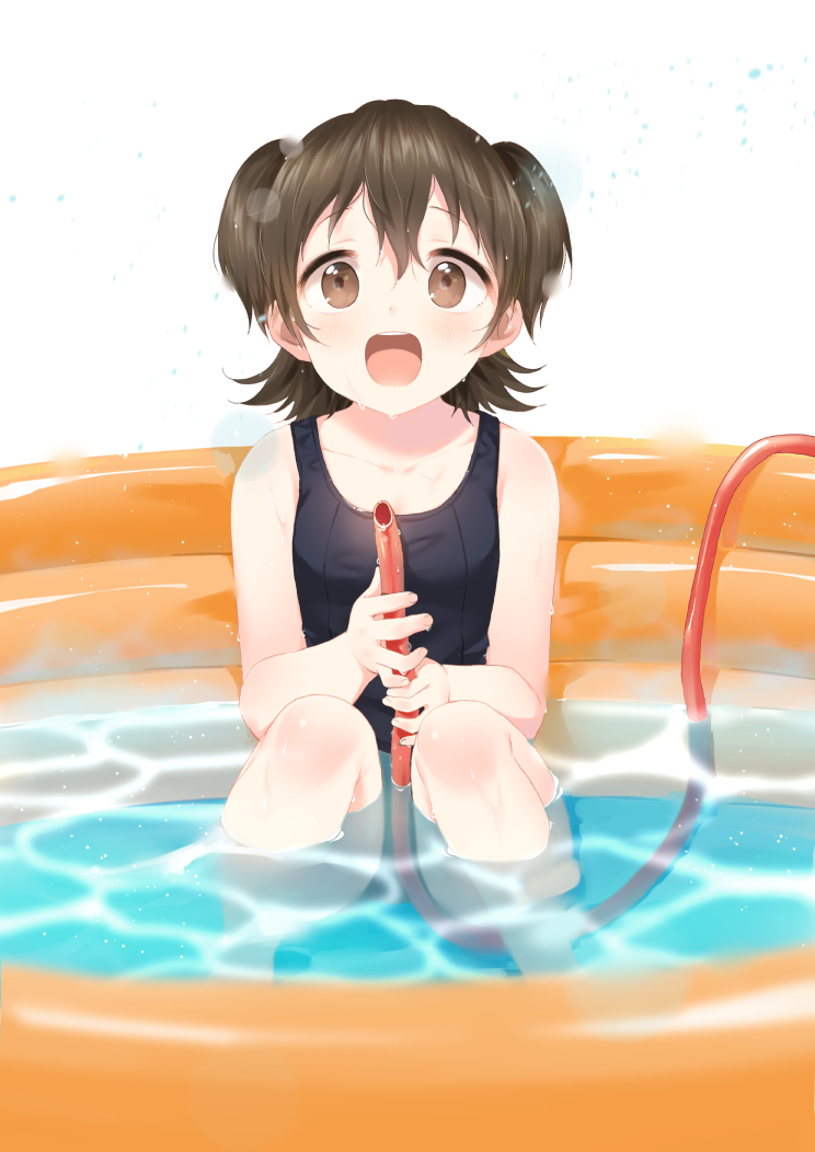 1girl :d akagi_miria bandai_namco bangs bare_arms bare_legs bare_shoulders between_legs black_swimsuit blush brown_eyes brown_hair caustics collarbone eyebrows_visible_through_hair flat_chest foreshortening furururu hair_between_eyes holding holding_hose hose idolmaster idolmaster_cinderella_girls knees_up looking_at_viewer one-piece_swimsuit open_mouth partially_submerged round_teeth school_swimsuit short_hair smile solo squatting swimsuit tareme teeth two_side_up wading_pool water water_drop wet white_background