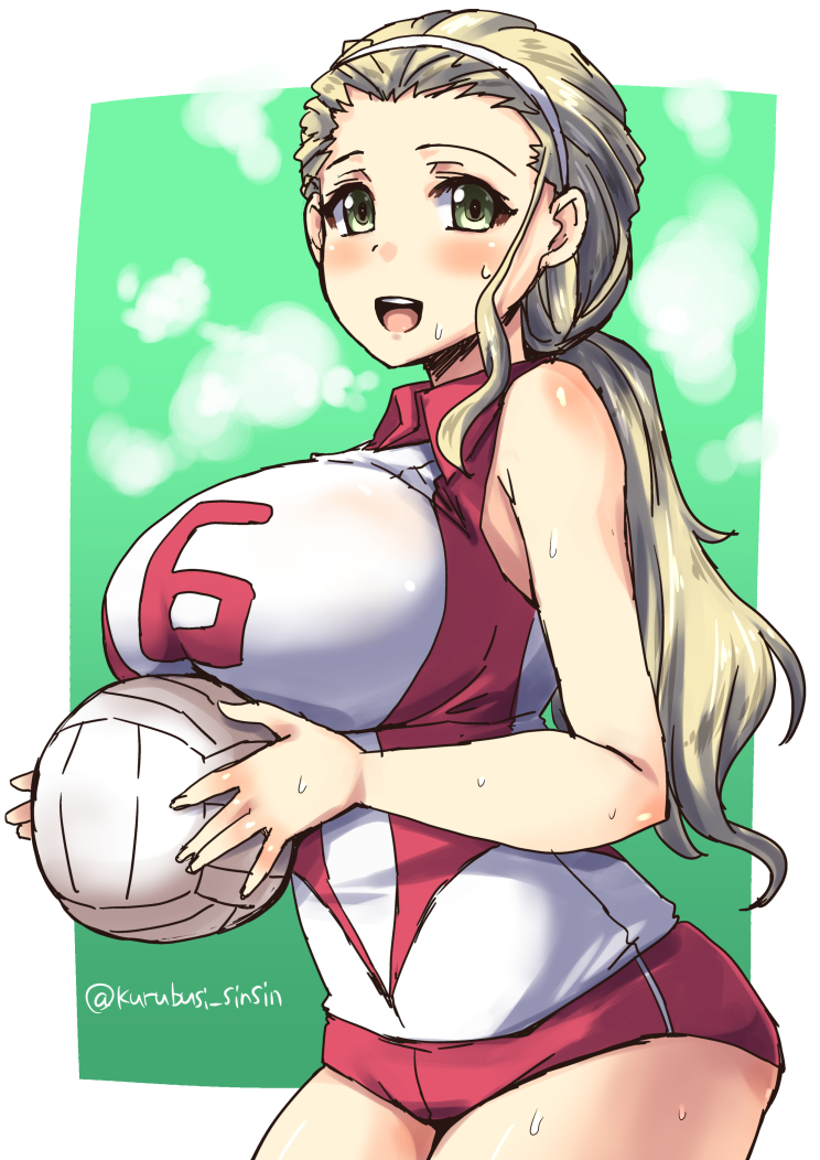 1girl :d bare_shoulders blonde_hair blush body_blush breast_rest breasts buruma collared_shirt cowboy_shot forehead girls_und_panzer green_background green_eyes hairband heavy_breathing large_breasts long_hair looking_at_viewer open_mouth ponytail sasaki_akebi shinshin shirt sleeveless sleeveless_shirt smile solo sportswear sweat teeth tight twitter_username volleyball volleyball_uniform