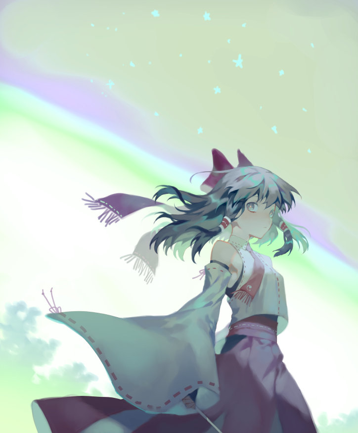 1girl armpits bangs bow closed_mouth commentary_request crop_top detached_sleeves gensoukyou green_eyes hair_bow hair_tubes hakama hakurei_reimu japanese_clothes long_hair looking_at_viewer lor968 miko nontraditional_miko red_hakama ribbon-trimmed_sleeves ribbon_trim solo touhou wide_sleeves