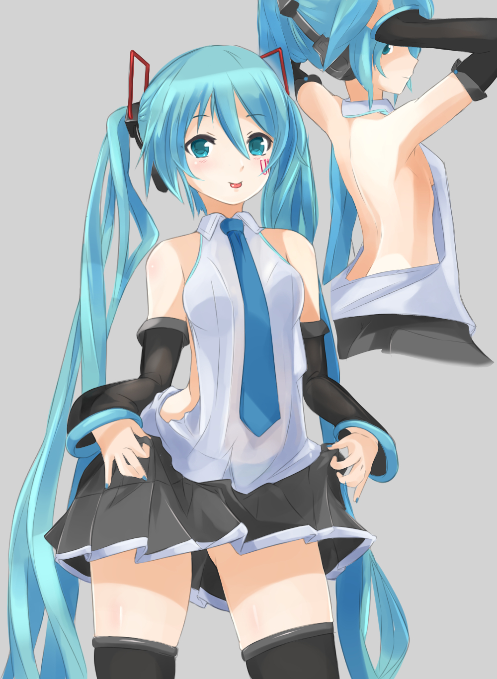 1girl aqua_eyes aqua_hair arms_up backless_outfit detached_sleeves hatsune_miku headphones highres long_hair moeufocatcher nail_polish necktie skirt solo thigh-highs twintails very_long_hair vocaloid