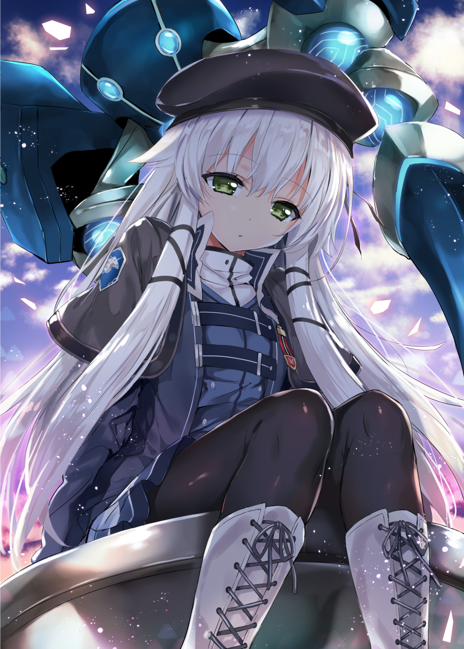 1girl altina_orion beret black_legwear boots cross-laced_footwear eiyuu_densetsu green_eyes hair_ribbon hat highres kibasuke long_hair pantyhose ribbon sen_no_kiseki sen_no_kiseki_3 sitting white_hair