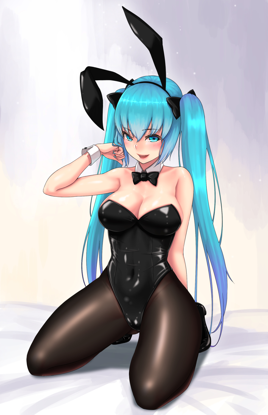 1girl :d animal_ears arm_behind_back arm_up bangs bare_arms bare_shoulders bed_sheet black_bow black_bowtie black_hairband black_legwear black_leotard black_shoes blue_eyes blue_hair blush bow bowtie breasts bunny_girl bunnysuit cleavage cloel collarbone commentary_request covered_navel detached_collar eyebrows_visible_through_hair fake_animal_ears foreshortening full_body gradient gradient_background hair_bow hairband hatsune_miku highres kneeling leotard long_hair looking_at_viewer medium_breasts open_mouth pantyhose rabbit_ears shoes skin_tight smile solo strapless strapless_leotard twintails very_long_hair vocaloid wrist_cuffs