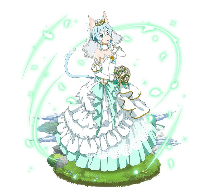 1girl animal_ears blue_eyes blue_hair bouquet bridal_gauntlets cat_ears cat_tail choker collarbone diadem dress elbow_gloves finger_to_mouth flower full_body gloves hair_between_eyes hair_ribbon holding holding_bouquet looking_at_viewer ribbon shinon_(sao-alo) short_hair_with_long_locks sidelocks simple_background sleeveless sleeveless_dress solo standing strapless strapless_dress sword_art_online tail wedding_dress white_background white_dress white_flower white_gloves white_ribbon