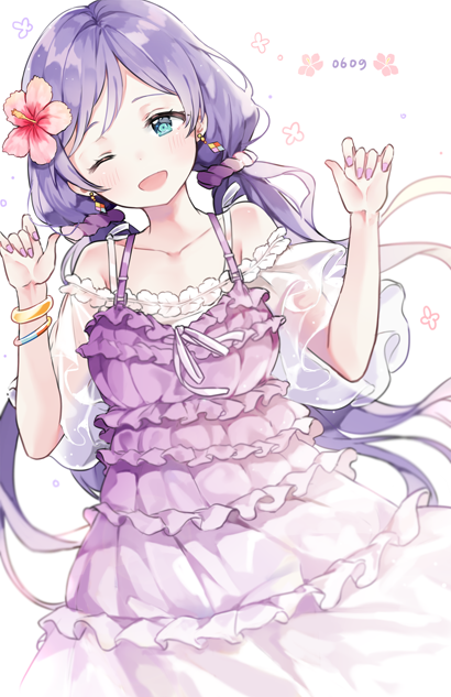 1girl aqua_eyes blush bracelet dated flower hair_flower hair_ornament jewelry lib long_hair looking_at_viewer love_live! love_live!_school_idol_project nail_polish open_mouth purple_hair purple_nails smile solo toujou_nozomi twintails