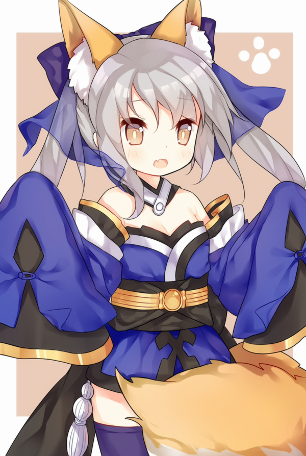 1girl alternate_hairstyle animal_ears breasts cosplay fate/grand_order fate_(series) japanese_clothes ning_hai_(warship_girls_r) open_mouth silver_hair small_breasts solo tamamo_(fate)_(all) tamamo_no_mae_(fate) tamamo_no_mae_(fate)_(cosplay) tengxiang_lingnai twintails warship_girls_r