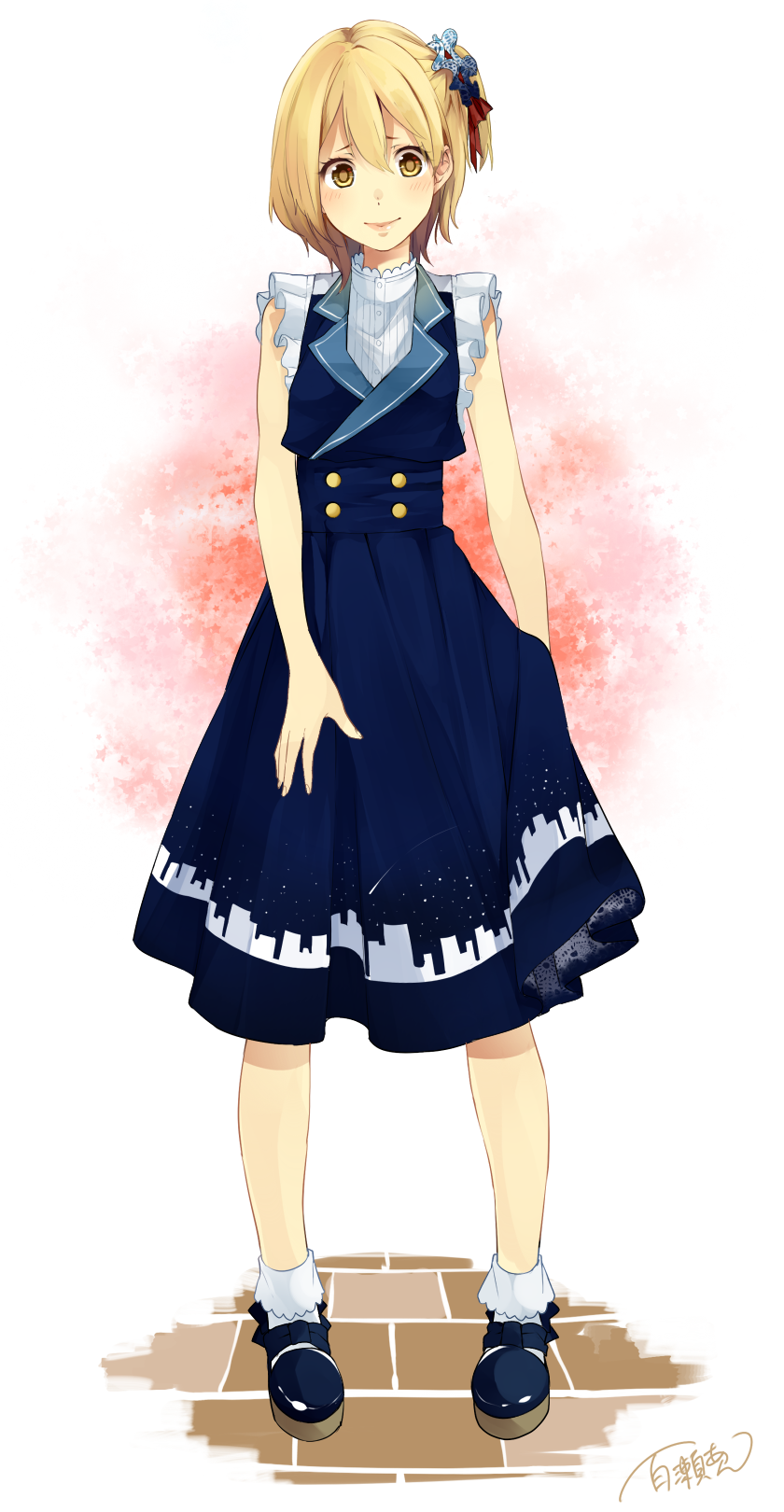 10s 1girl blonde_hair blue_dress dress full_body haikyuu!! hair_between_eyes hair_ornament highres looking_at_viewer momose89 one_side_up short_hair signature sleeveless sleeveless_dress smile socks solo standing white_legwear yachi_hitoka yellow_eyes