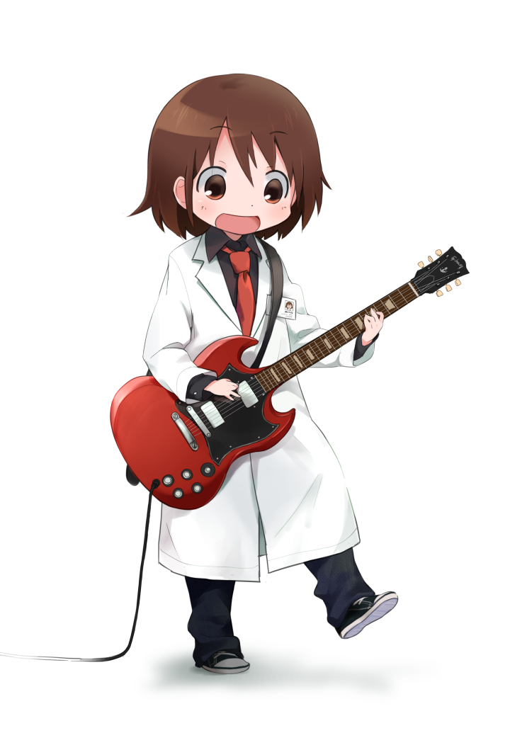 1girl alternate_costume blush brown_eyes brown_hair eyebrows_visible_through_hair guitar holding_instrument id_card instrument kill_me_baby labcoat looking_away looking_down necktie okayparium open_mouth oribe_yasuna plectrum red_necktie short_hair smile solo transparent_background