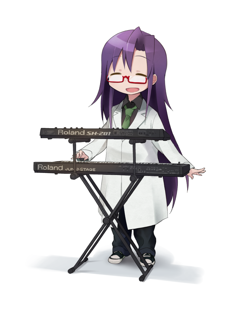 1girl blush converse eyebrows_visible_through_hair glasses goshiki_agiri green_necktie instrument keyboard_(instrument) kill_me_baby labcoat long_hair looking_at_viewer necktie okayparium open_mouth purple_hair shoes smile sneakers solo transparent_background
