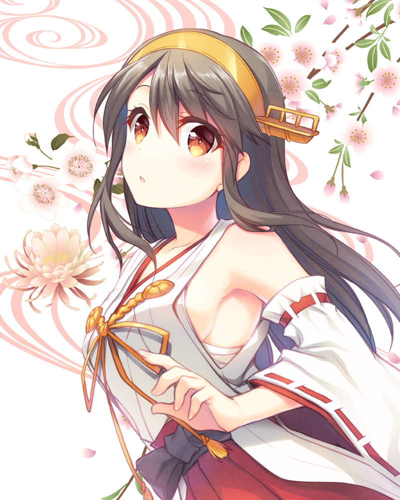 10s 1girl :o bandage bare_shoulders blush breasts bright_pupils brown_hair budget_sarashi check_commentary collarbone commentary_request detached_sleeves floral_background gunp hair_between_eyes hakama haruna_(kantai_collection) headgear japanese_clothes kantai_collection kimono long_hair long_sleeves medium_breasts nontraditional_miko open_mouth red_eyes red_hakama red_ribbon ribbon ribbon-trimmed_sleeves ribbon_trim sarashi sideboob sidelocks sleeveless sleeveless_kimono solo tareme tassel upper_body very_long_hair white_kimono wide_sleeves yellow_ribbon